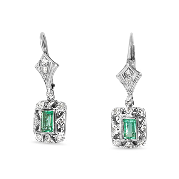 Palladium Art Deco Emerald and Single Cut Diamond Earrings