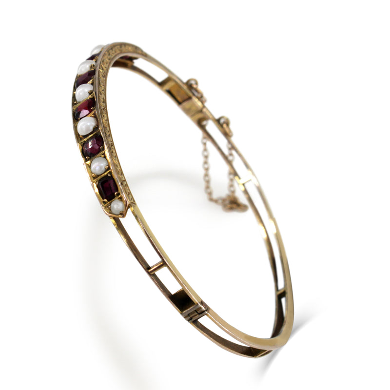 9ct Yellow Gold Antique Garnet and Pearl Bangle