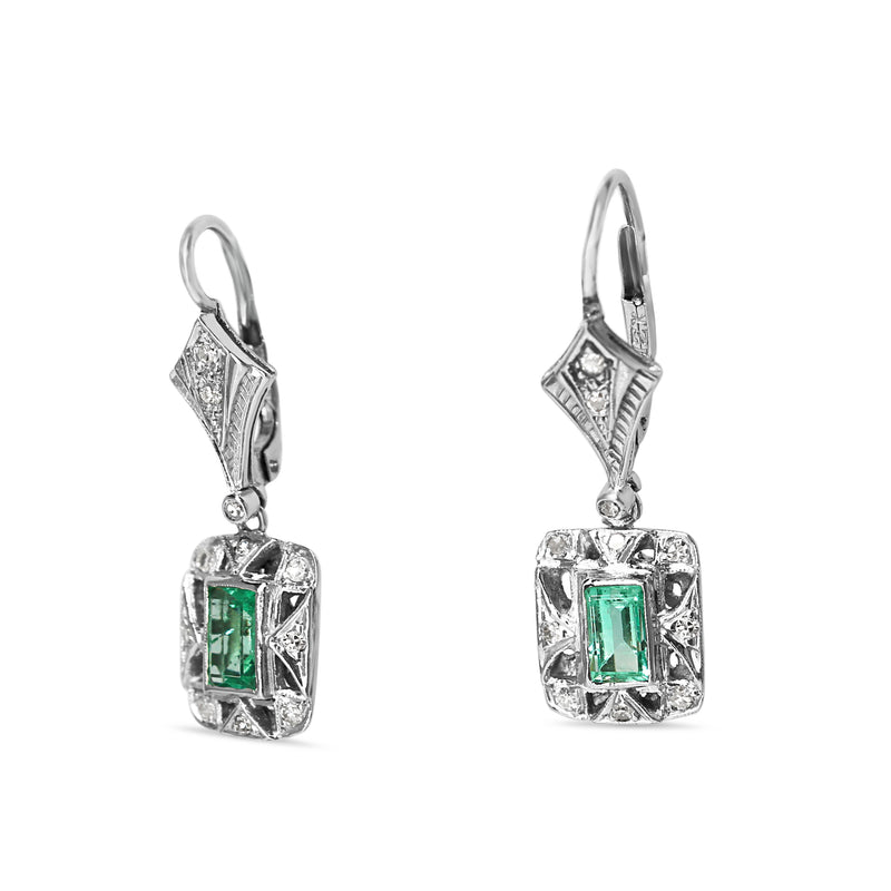 Palladium Art Deco Emerald and Single Cut Diamond Earrings