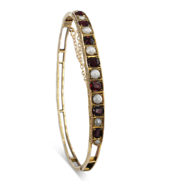 9ct Yellow Gold Antique Garnet and Pearl Bangle