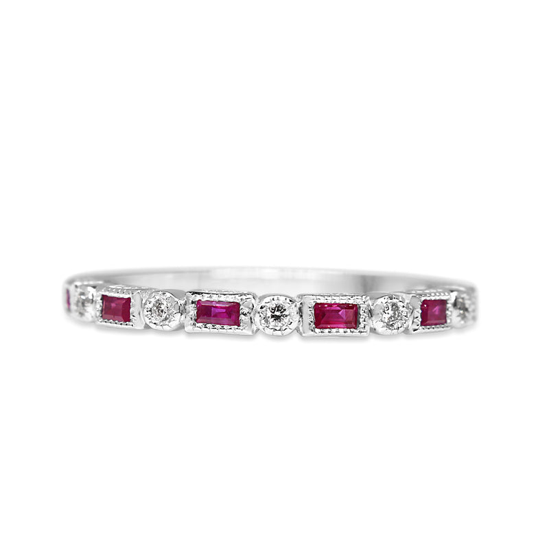 9ct White Gold Ruby and Diamond Deco Style Ring