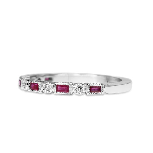 9ct White Gold Ruby and Diamond Deco Style Ring