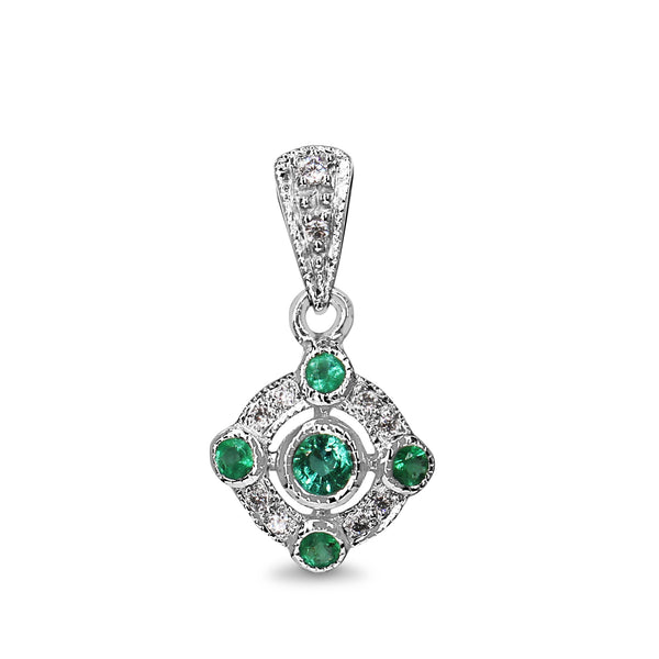 9ct White Gold Emerald and Diamond Deco Style Pendant