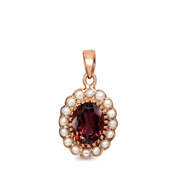 9ct Rose Gold Tourmaline and Seed Pearl Daisy Style Pendant