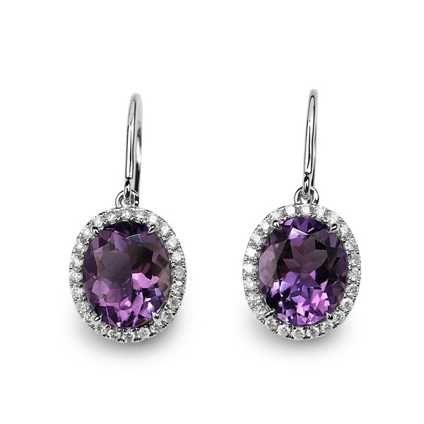 18ct White Gold Amethyst and Diamond Halo Drop Earrings