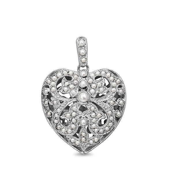 9ct White Gold Pearl Filigree Heart Pendant