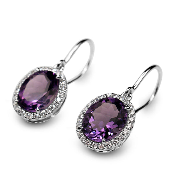 18ct White Gold Amethyst and Diamond Halo Drop Earrings