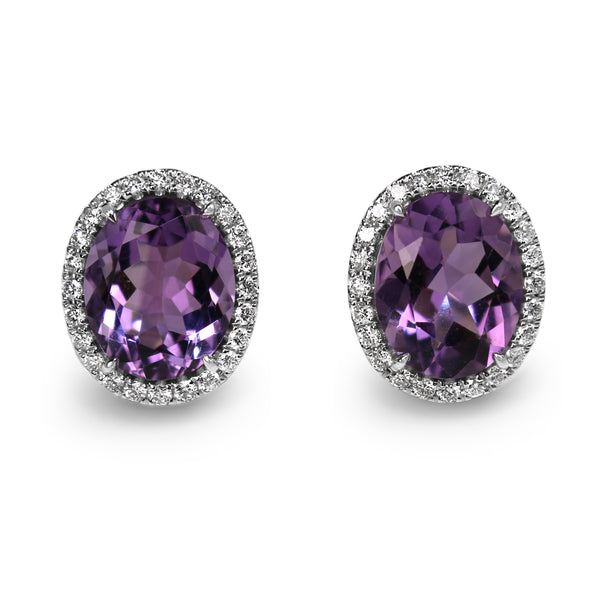 18ct White Gold Amethyst and Diamond Halo Stud Earrings