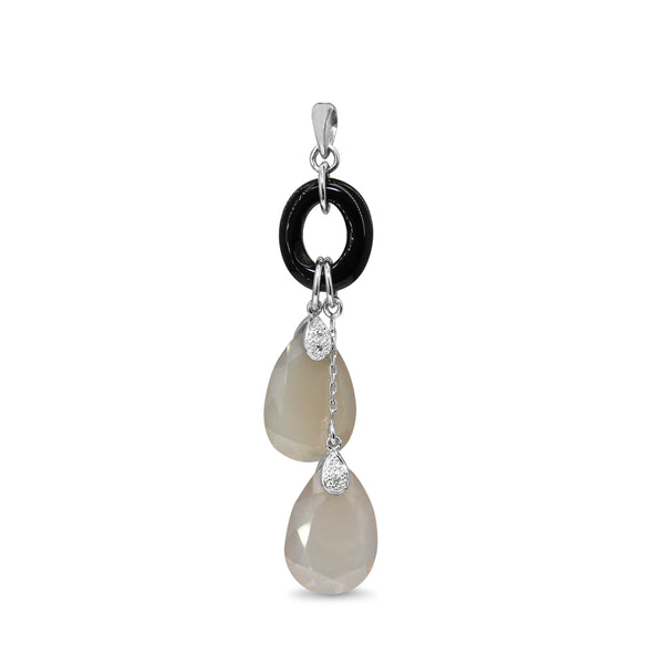 9ct White Gold Onyx, Diamond and Moonstone Pendant