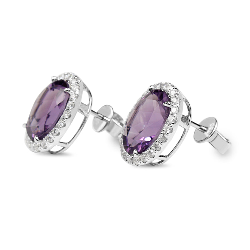 18ct White Gold Amethyst and Diamond Halo Stud Earrings