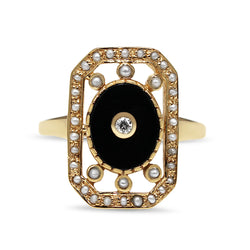 9ct Yellow Gold Onyx, Pearl and Diamond Deco Style Ring