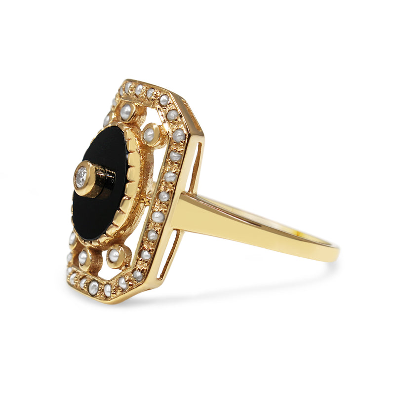 9ct Yellow Gold Onyx, Pearl and Diamond Deco Style Ring