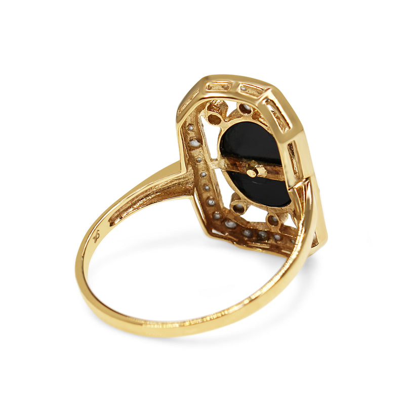 9ct Yellow Gold Onyx, Pearl and Diamond Deco Style Ring