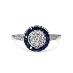 9ct White Gold Diamond Cluster and Sapphire Halo Deco Style Ring