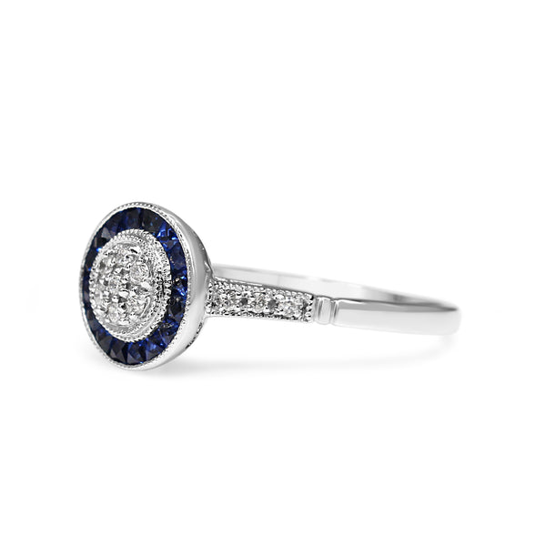 9ct White Gold Diamond Cluster and Sapphire Halo Deco Style Ring