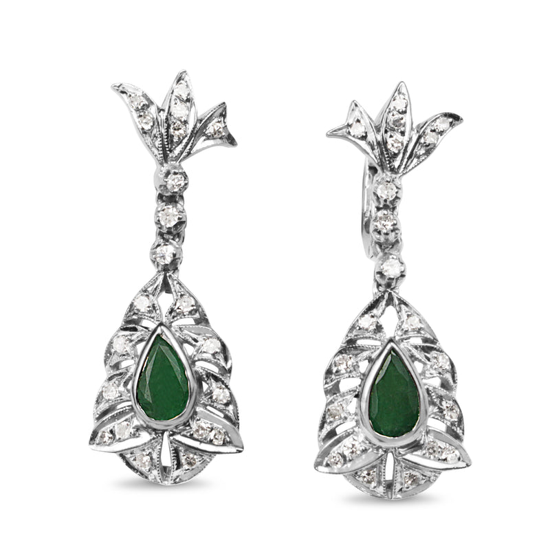 Palladium Vintage Emerald and Single Cut Diamond Earrings