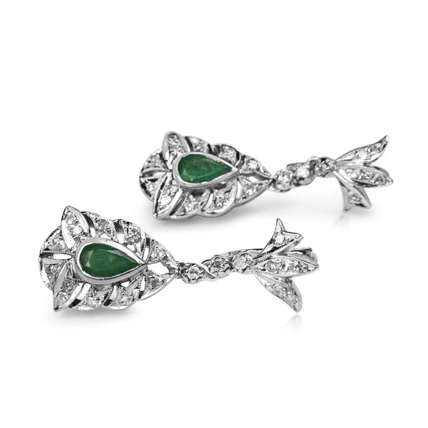 Palladium Vintage Emerald and Single Cut Diamond Earrings