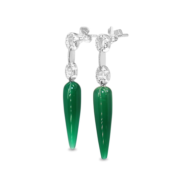 9ct White Gold Green Agate and Diamond Drop Earrings