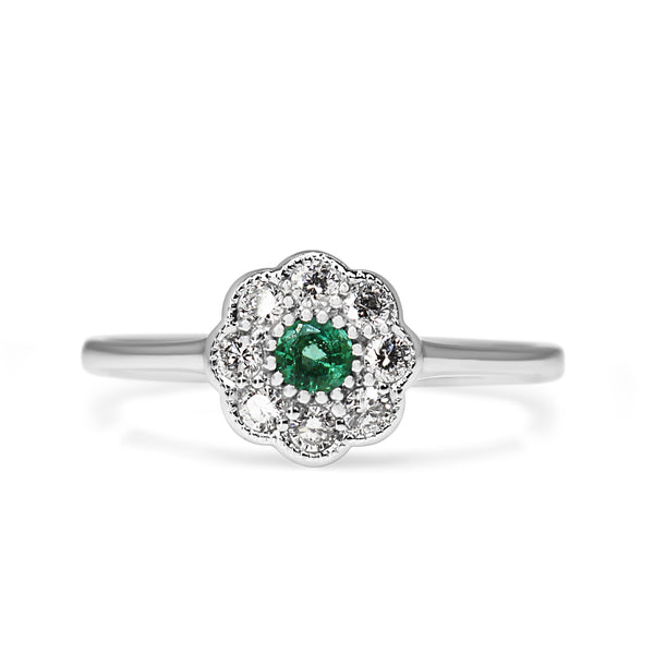 9ct White Gold Emerald and Diamond Daisy Ring