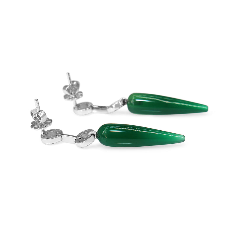 9ct White Gold Green Agate and Diamond Drop Earrings