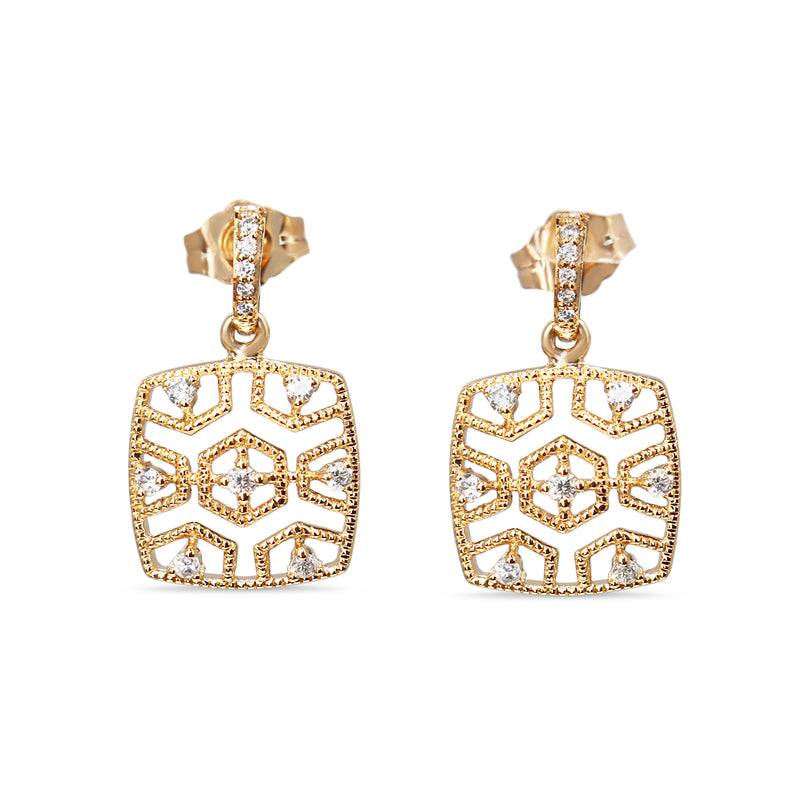 9ct Yellow Gold Deco Style Diamond Filigree Earrings