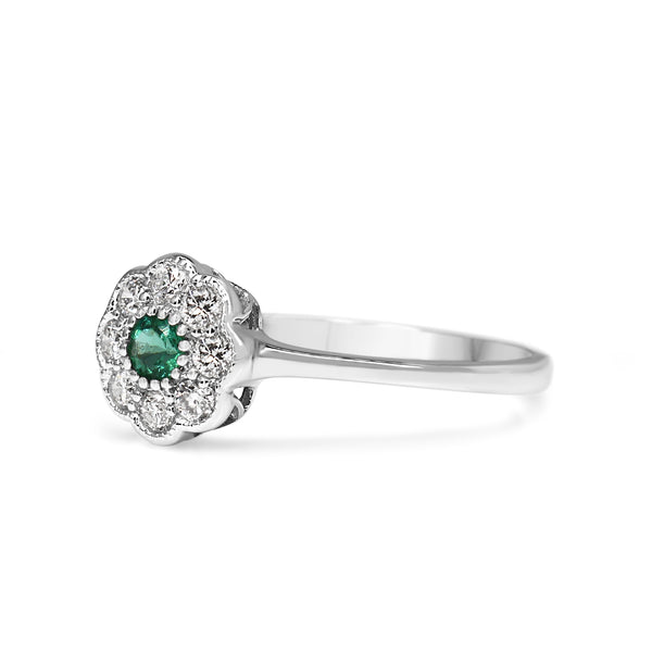 9ct White Gold Emerald and Diamond Daisy Ring