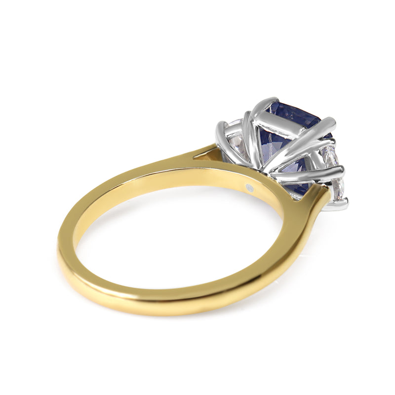 18ct Yellow and White Gold Colour Change Violet - Blue Sapphire and Half Moon Diamond 3 Stone Ring