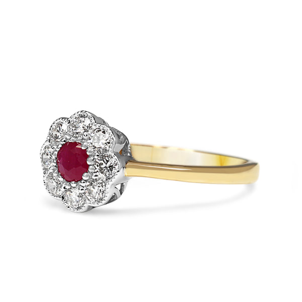 9ct Yellow and White Gold Ruby and Diamond Daisy Ring