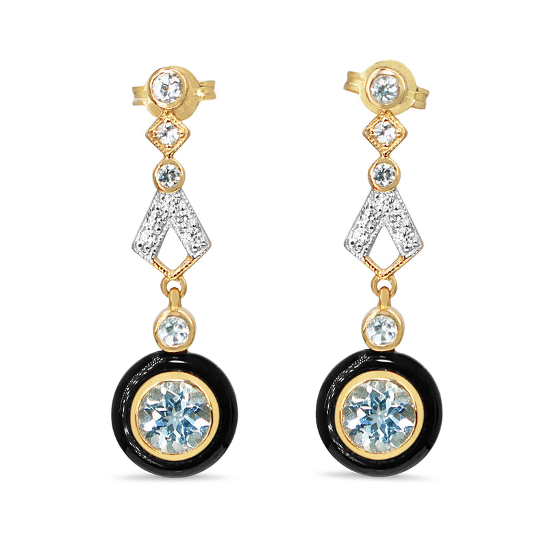 9ct Yellow Gold Topaz, Onyx and Diamond Deco Style Earrings