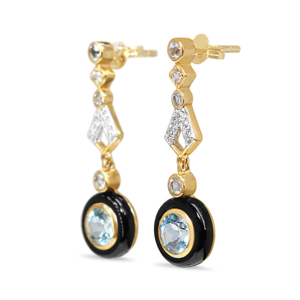 9ct Yellow Gold Topaz, Onyx and Diamond Deco Style Earrings