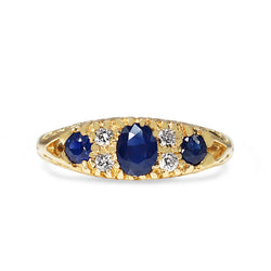 9ct Yellow Gold Antique Style Sapphire and DIamond 3 Stone Ring