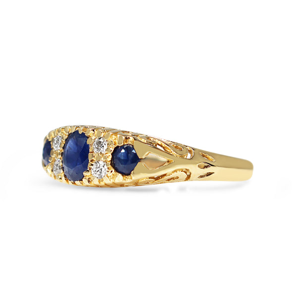 9ct Yellow Gold Antique Style Sapphire and DIamond 3 Stone Ring