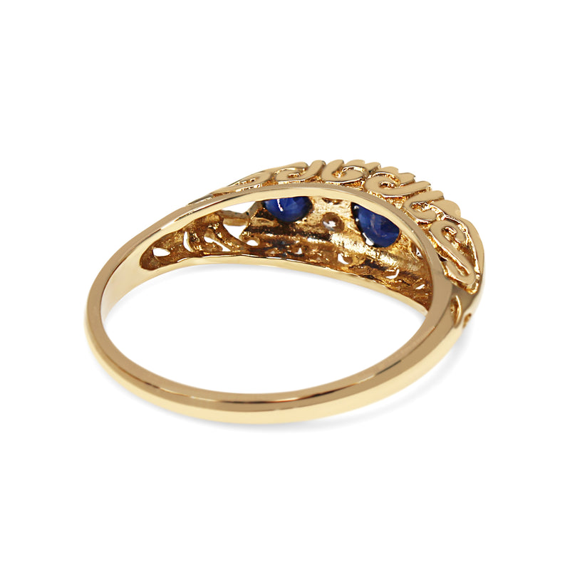 9ct Yellow Gold Antique Style Sapphire and DIamond 3 Stone Ring