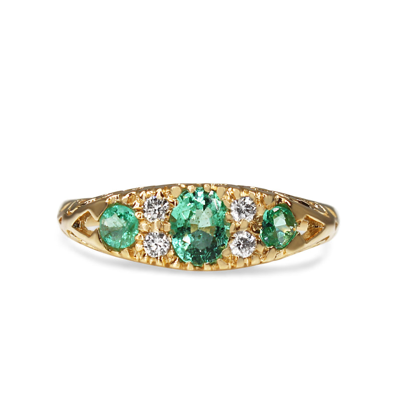 9ct Yellow Gold Antique Style Emerald and Diamond 3 Stone Ring