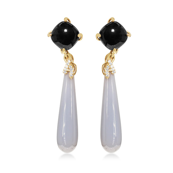 9ct Yellow Gold Onyx, Chalcedony and Diamond Drop Earrings