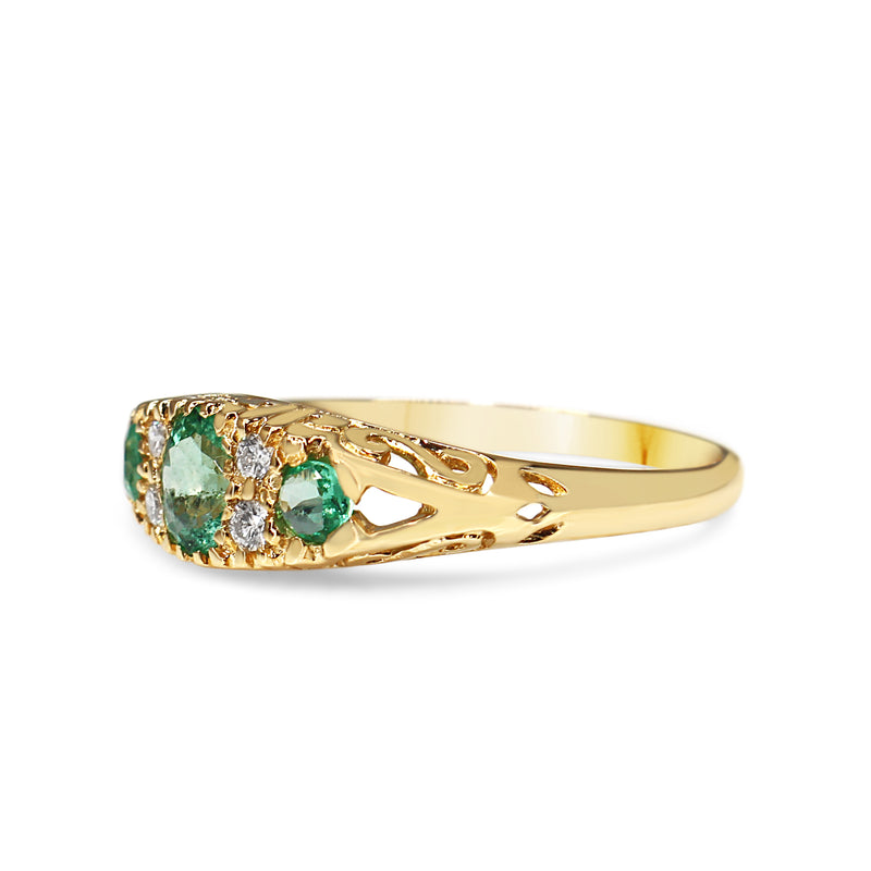 9ct Yellow Gold Antique Style Emerald and Diamond 3 Stone Ring