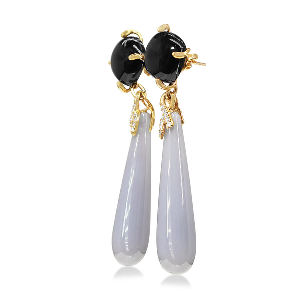 9ct Yellow Gold Onyx, Chalcedony and Diamond Drop Earrings