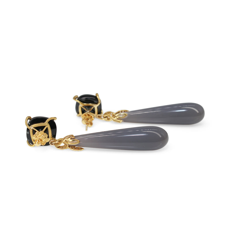 9ct Yellow Gold Onyx, Chalcedony and Diamond Drop Earrings