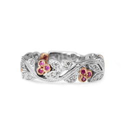 9ct White and Rose Gold Pink Sapphire and Diamond Floral Band Ring