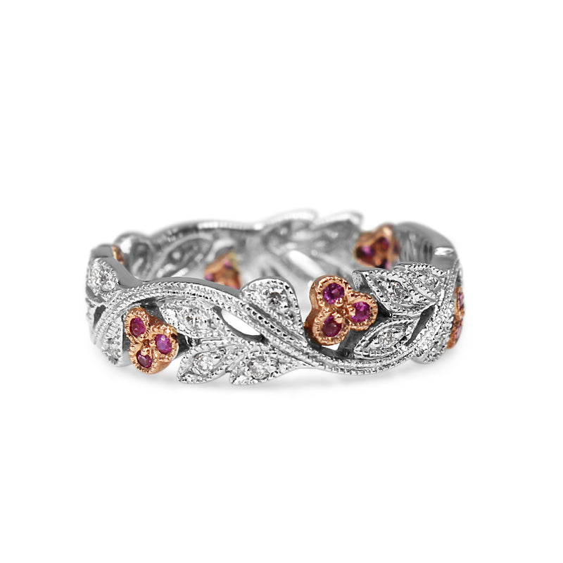 9ct White and Rose Gold Pink Sapphire and Diamond Floral Band Ring