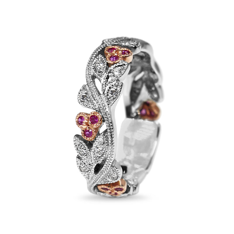 9ct White and Rose Gold Pink Sapphire and Diamond Floral Band Ring