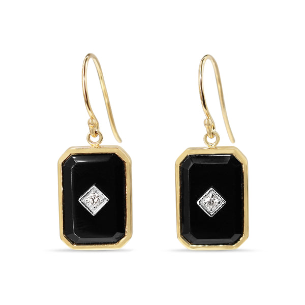 9ct Yellow Gold Large Rectangle Onyx and Diamond Earrings