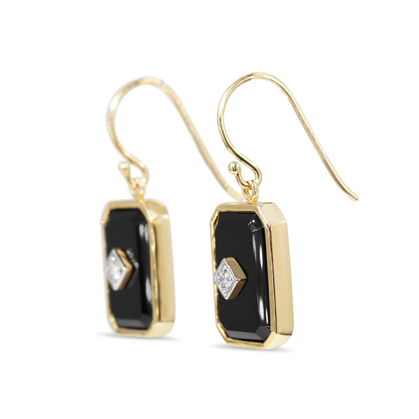 9ct Yellow Gold Large Rectangle Onyx and Diamond Earrings