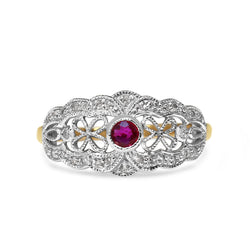 9ct Yellow and White Gold Ruby and Diamond Vintage Style Ring
