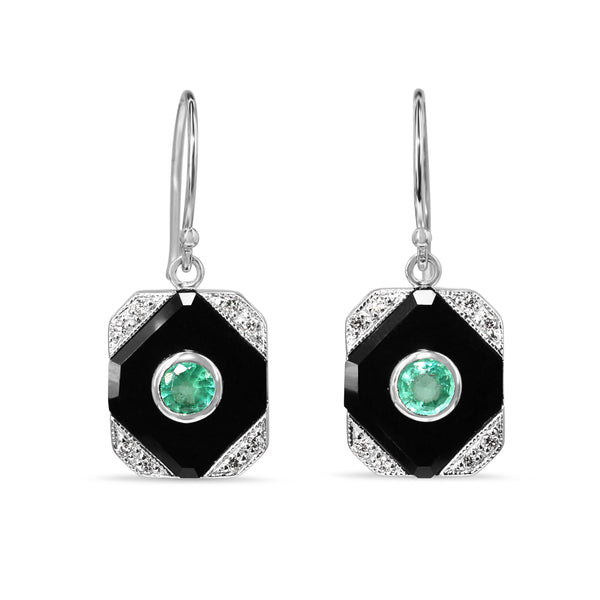 9ct White Gold Emerald, Onyx and Diamond Art Deco Style Earrings