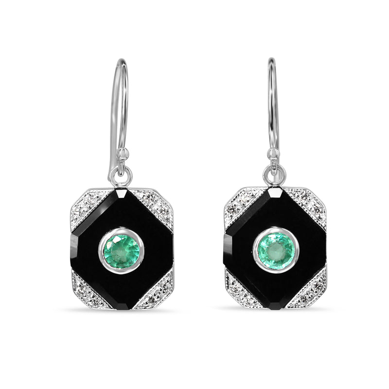 9ct White Gold Emerald, Onyx and Diamond Art Deco Style Earrings