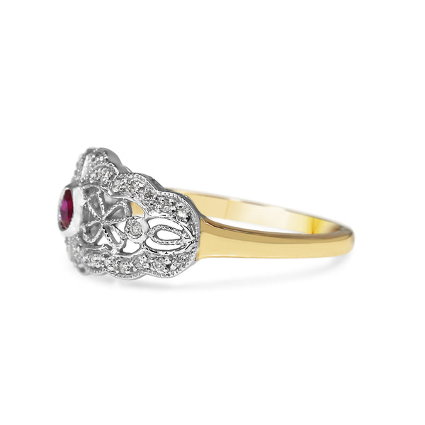 9ct Yellow and White Gold Ruby and Diamond Vintage Style Ring