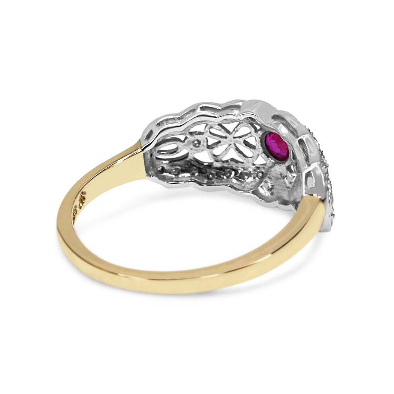 9ct Yellow and White Gold Ruby and Diamond Vintage Style Ring