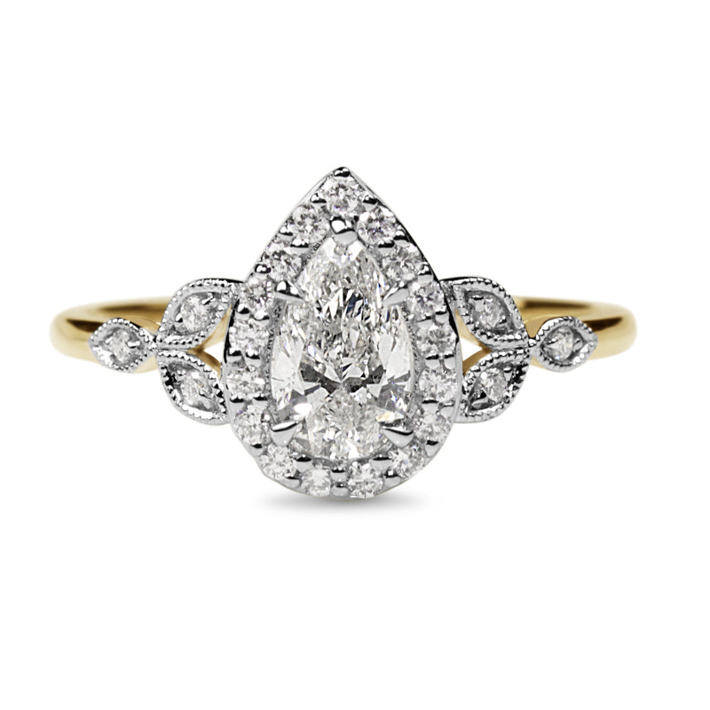 18ct Yellow and White Gold Vintage Style Pear Halo Diamond Ring