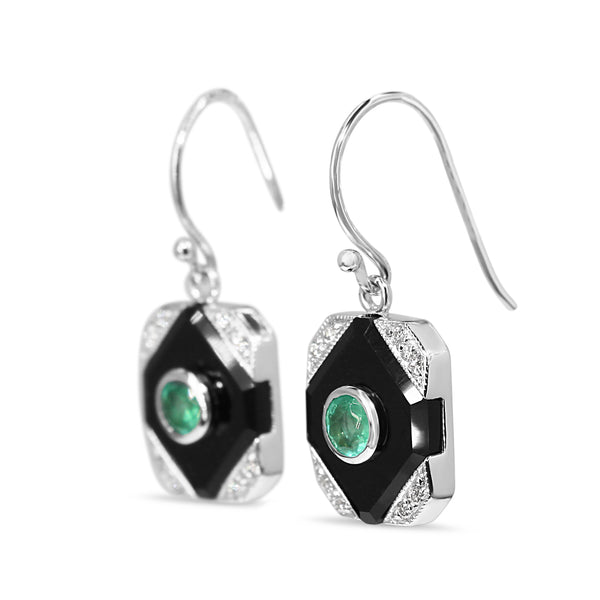 9ct White Gold Emerald, Onyx and Diamond Art Deco Style Earrings